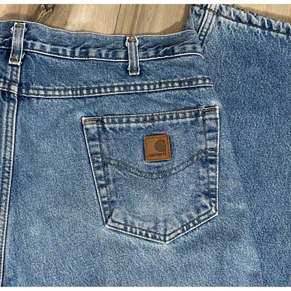 Carhartt Faded Blue Distressed Fleece Lined Jeans Mens Sz 38 Denim Workwear Rip - Picture 4 of 10